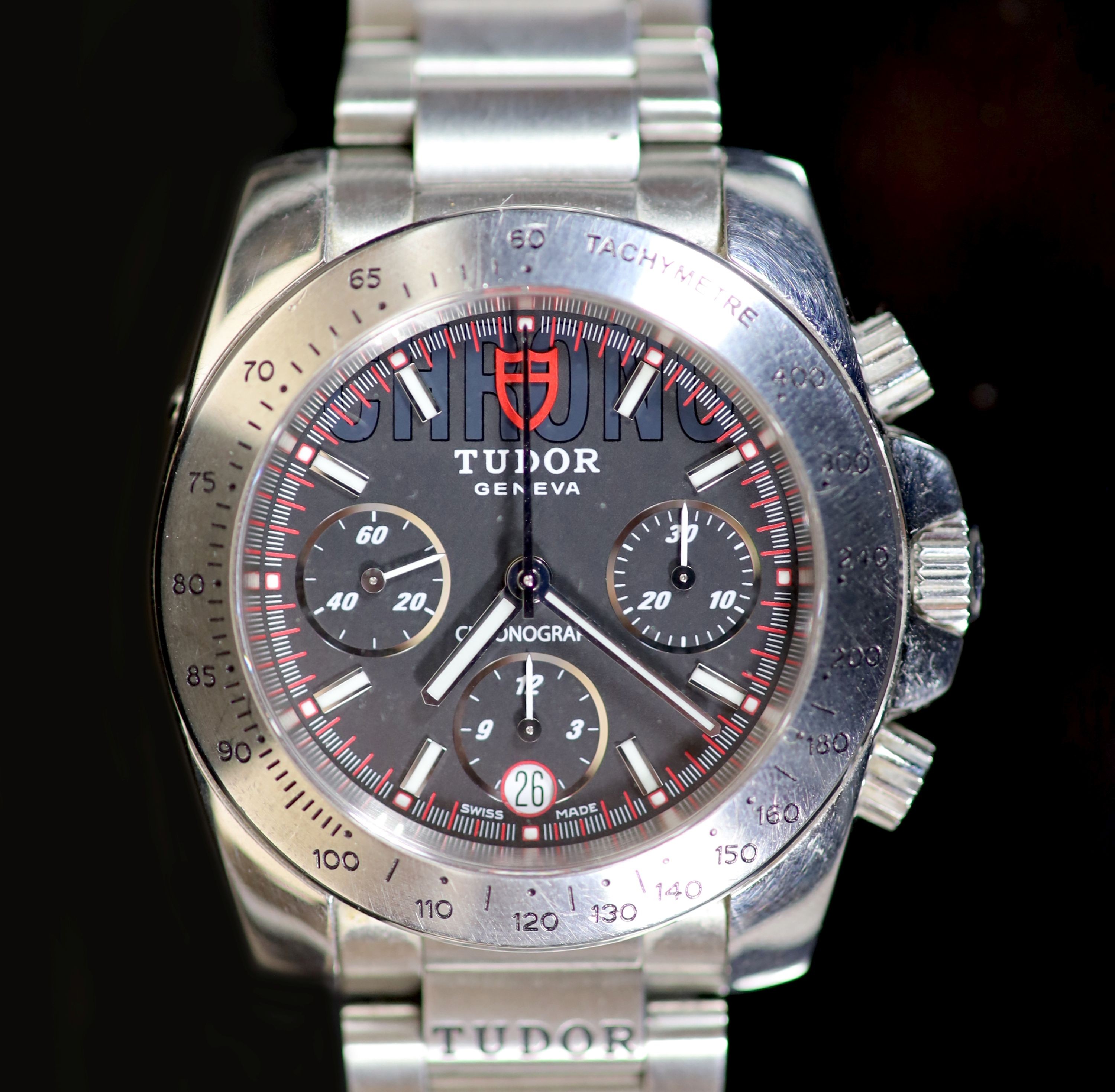 A gentleman's 2011 stainless steel Tudor Chronograph automatic wrist watch, on a stainless steel Tudor bracelet